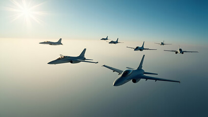 Refined Dynamic Imagery of Military Planes in Formation: Aerial Maneuvers & Patriotic Symbolism for Premium Defense Stock Collections - Photo Stock Concept