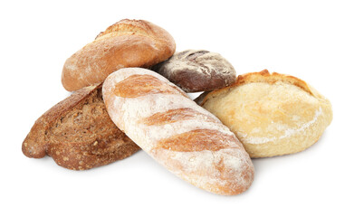 Different loaves of freshly baked bread isolated on white
