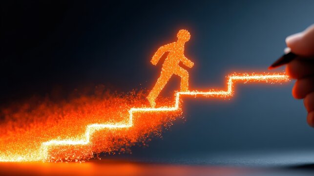 Silhouetted figure engulfed in flames dynamically climbing a stairway symbolizing personal and professional development ambition and unstoppable forward momentum