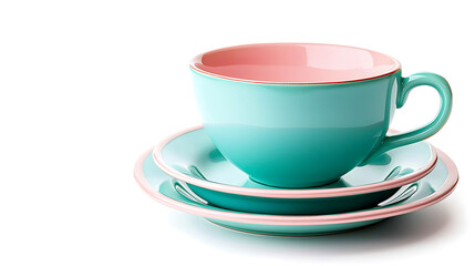 Turquoise teacup with a pink interior and matching saucers sits on a white background casting a soft shadow.