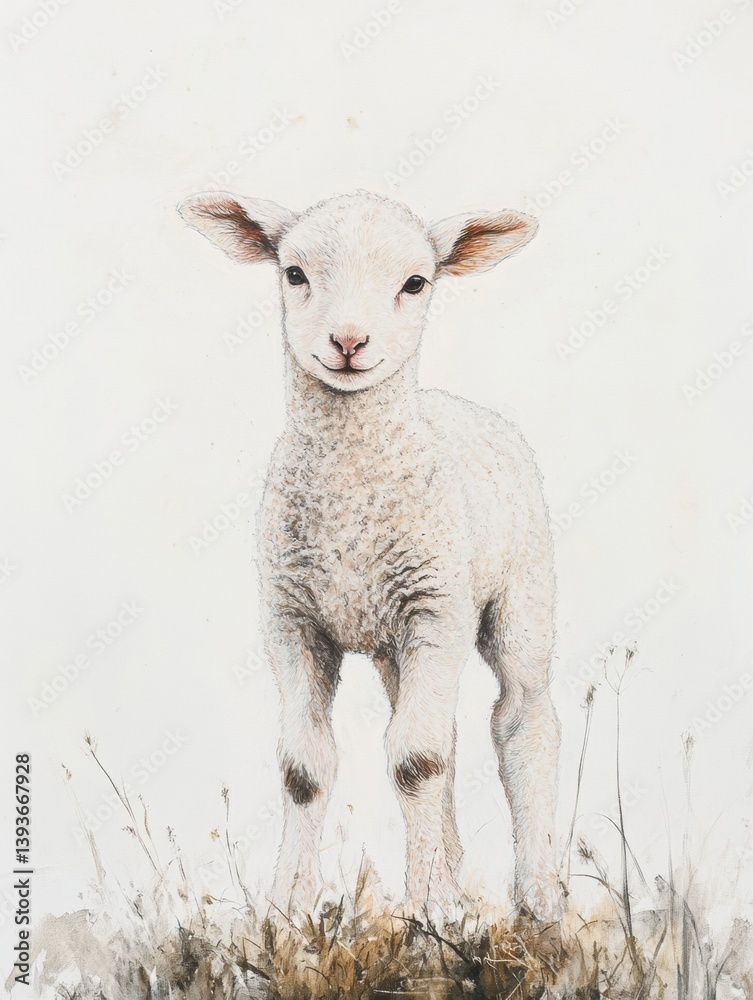 Aufkleber lamb standing gracefully in a lush grass patch against a soft white background blending harmoniously