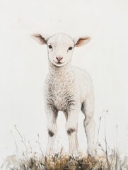 Fototapeta premium Lamb standing gracefully in a lush grass patch against a soft white background blending harmoniously with the surroundings