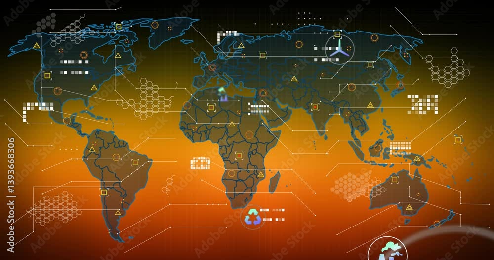 Poster animation of digital icons on world map with data processing over orange background