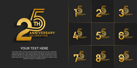 Anniversary logo style double line number set. gold color on black background for celebration event