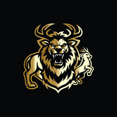 hunting hunter with gun and forest vector logo design template on black background. Lion and deer logo design vector template on black background. Vector illustration.