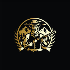 hunting hunter with gun and forest vector logo design template on black background. Lion and deer logo design vector template on black background. Vector illustration.