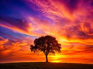 Fototapeta premium Solitary Tree Silhouetted Against a Stunning Sunset Sky A Captivating Moment of Natures Beauty