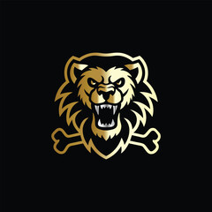 hunting hunter with gun and forest vector logo design template on black background. Lion and deer logo design vector template on black background. Vector illustration.