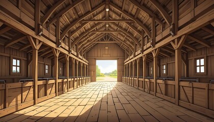 Sunlit rustic barn interior with open doors leading to verdant pastures