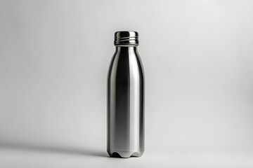 Shiny Stainless Steel Water Bottle With Metallic Lid on a White Background