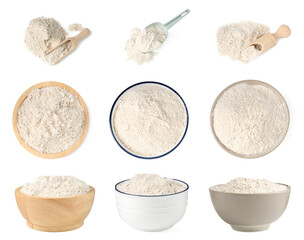 Brown rice flour isolated on white, collage