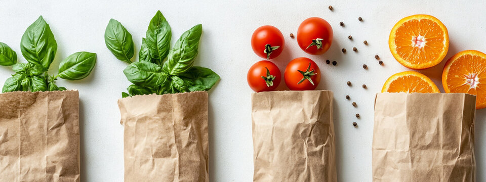 4 brown paper bags, one with basil leaves and tomatoes, the other with oranges and cumin seeds.