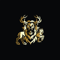 hunting hunter with gun and forest vector logo design template on black background. Lion and deer logo design vector template on black background. Vector illustration.