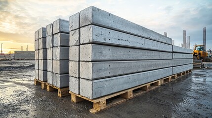 Stacked Concrete Beams Ready for Construction at a Building Site