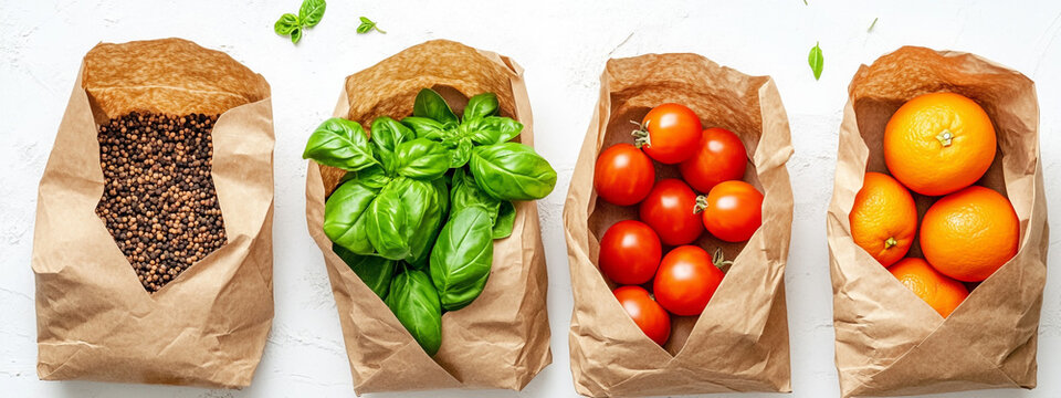 4 brown paper bags, one with basil leaves and tomatoes, the other with oranges and cumin seeds.