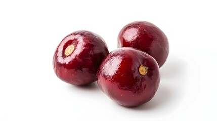 Three Fresh Red Cherries with Stems on White Background Detailed Close Up Shot