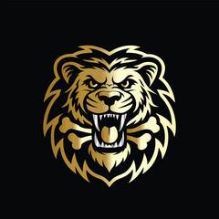 Fototapeta premium hunting hunter with gun and forest vector logo design template on black background. Lion and deer logo design vector template on black background. Vector illustration.