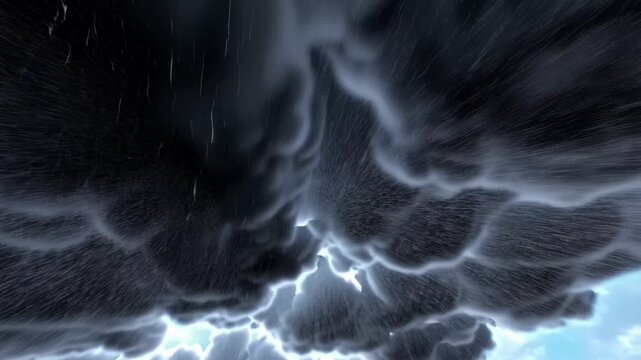 Stormy Sky: A dramatic view of a dark, rain-filled sky, with flashes of lightning illuminating the ominous clouds.