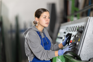 During production cycle, girl worker changes initial data to control board, controls mechanisms by...