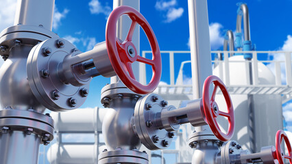 Gas pipes with pressure valves. Oil pipeline against sky. Gas pipes for supply of energy resources. Pipeline for pumping oil. Infrastructure for gas supply. Pipes for importing gasoline.