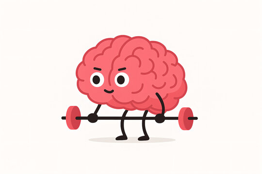 Cartoon brain lifting barbell for mental fitness, minimalist vector illustration for memory training and cognitive health in aging