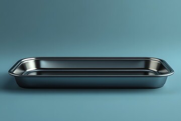 Clean Rectangular Chrome Tray Reflecting Light on a Plain Blue Background Detail