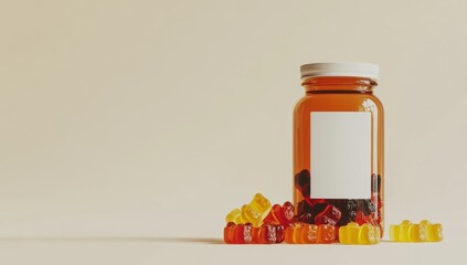 Colorful gummy bears in a clear glass jar