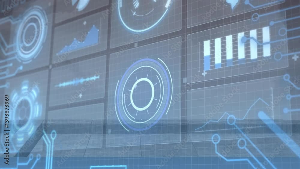 Poster displaying futuristic digital interface with data charts and animation in blue tones