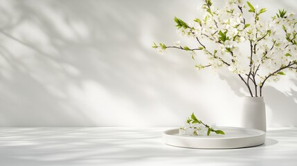White flowers in a vase casting soft shadows on a minimalist white wall, delicate petals and green leaves, and serene and elegant composition.