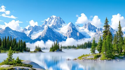 Misty Morning in the Alps with Soft Clouds and Peaceful Reflections Over Calm Waters