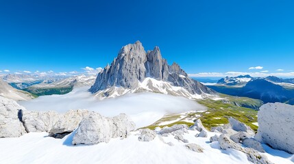 Misty Morning in the Alps with Soft Clouds Drifting Between Majestic Mountain Peaks