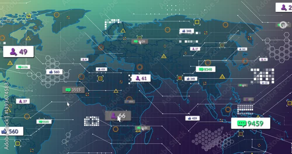 Poster world map with data analytics and user statistics overlay animation