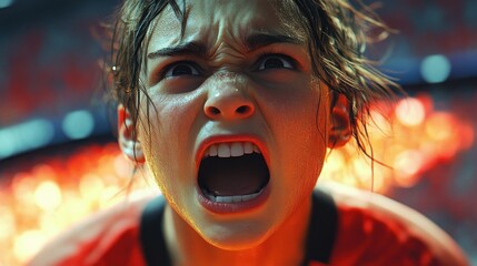 Soccer Player in stadium expressing intense sadness and disappointment with open mouth and crying face