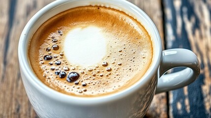 Close-up of a macchiato in a white cup on a wooden table.