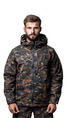 Fototapeta premium Man in camo jacket with hands in pockets, isolated on a transparent background, representing outdoor and tactical style.