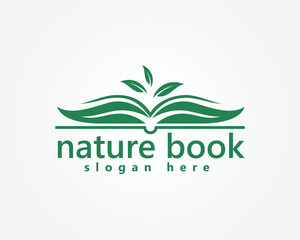 eco book logo, leaves forming an open book complete with three small leaves on top, logo design template
