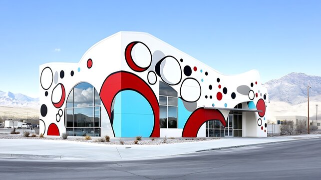 Vibrant Googie Architecture with Undulating Shapes and Colorful Patterns from the 1960s Era