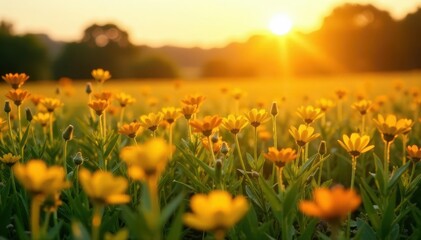 Warm sunlight casting a golden glow on a field of wildflowers, field scene, natural light, blooming wildflowers