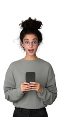 Young woman with messy bun wearing glasses, holding a smartphone with an excited expression on a transparent background, representing tech engagement and joy.