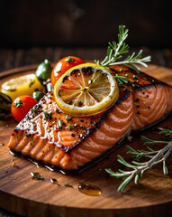 Grilled Salmon with Honey Glaze, Roasted Vegetables, and Fresh Thyme on Rustic Wooden Board