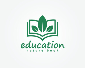eco book logo, open book with lines and three leaves in the middle, logo design template
