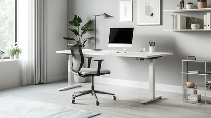 Modern minimalist home office interior with a white desk, ergonomic chair, potted plant, and computer, featuring a neutral color palette and natural light from a large window