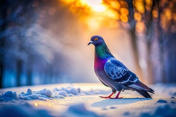 Closeup Silhouette of a Pigeon Walking on Snowy Ground A Winter Scene of Subtle Beauty
