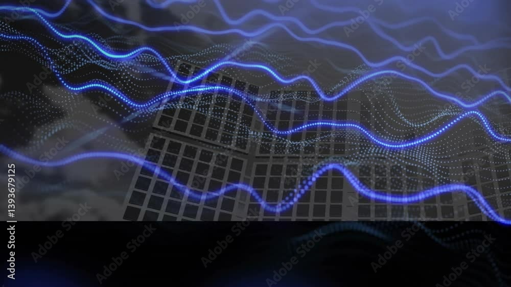 Poster animation of blue wave patterns with digital grid for futuristic data visualization