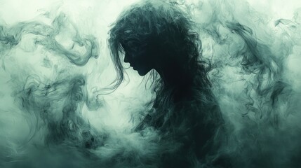 Silhouette of Grieving Pregnant Woman in Ethereal Misty Abstract Watercolor