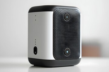 Obraz premium Gray Modern Device with Black Perforated Grill and Dual Lenses on White Surface