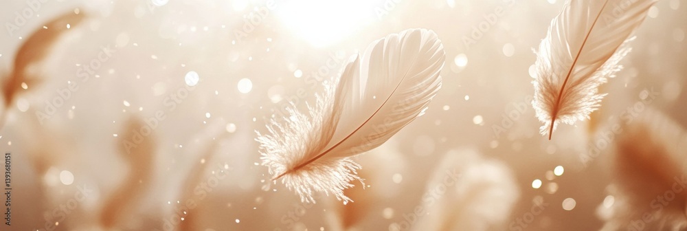 Aufkleber floating feathers glisten softly in the light against a creamy background, creating a serene and mag