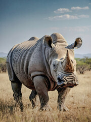 Fototapeta premium Side view full-body portrait of rhino animal, large gray herbivore with antlers, safari wildlife.