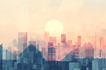 A geometric cityscape at sunrise, layered in soft pastel hues.
