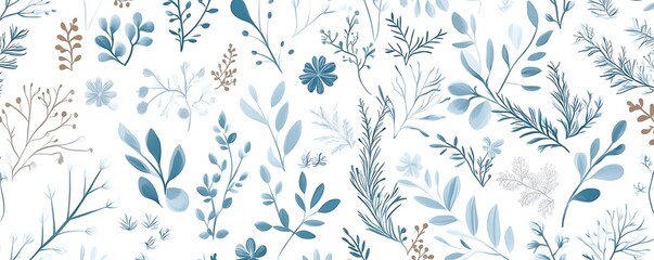 Fototapeta premium Seamless doodle botanicals pattern in a winter color palette of pale dusty blue and white. Seamless botanical pattern in pastel blue and white. All over abstract floral print
